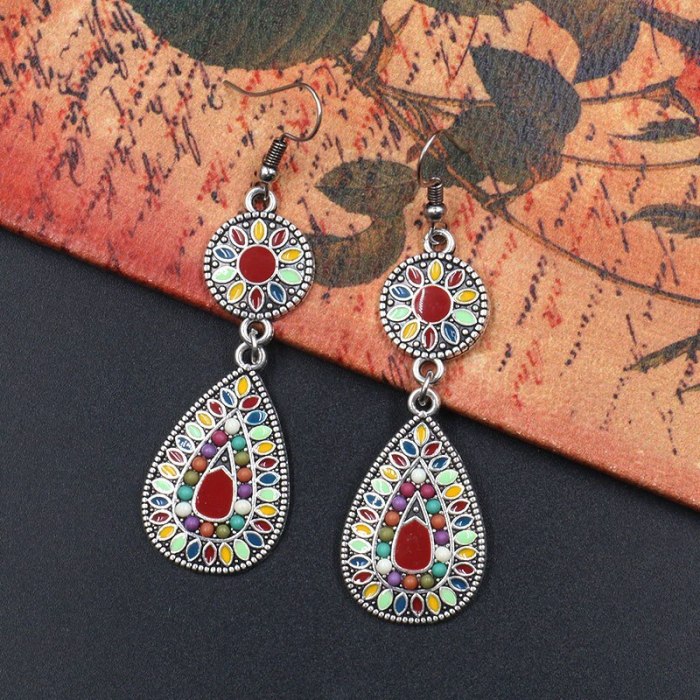Wholesale Bohemian Ethnic Earrings Fashion Dripping Oil Drop-Shaped Alloy Pendant Earrings Popular Ornament