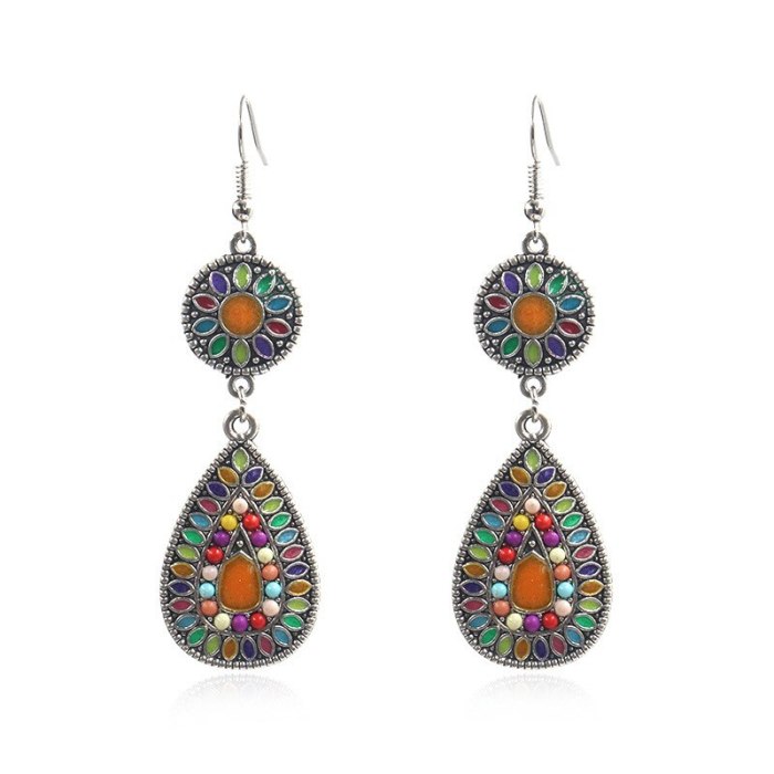 Wholesale Bohemian Ethnic Earrings Fashion Dripping Oil Drop-Shaped Alloy Pendant Earrings Popular Ornament