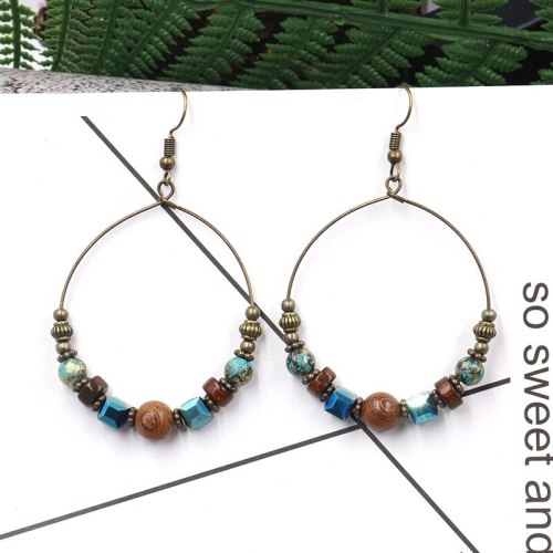 Hot Sale Big Hoop Earrings for Women European and American Stylish round Earrings Creative Wooden Bead Turquoise Accessories