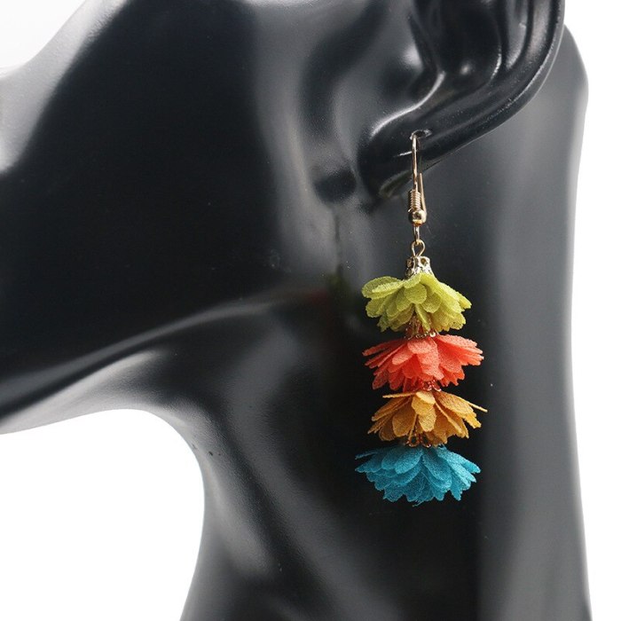 Fashion Simple Fabric Flower Earrings Female Creative Multi-Layer Tassel Earrings Bohemian Holiday Accessories Wholesale