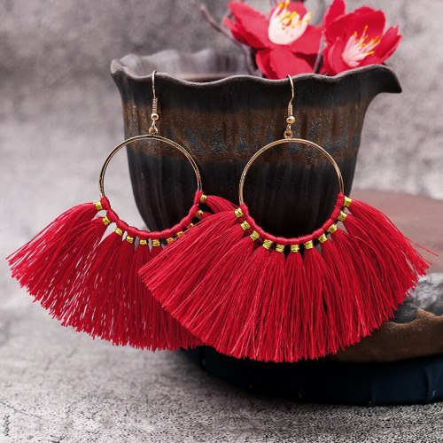 Chinese Style Earrings for New Year Female Festive Red Fanshaped Eardrops Retro Ethnic Style Fashion Tassel Accessories