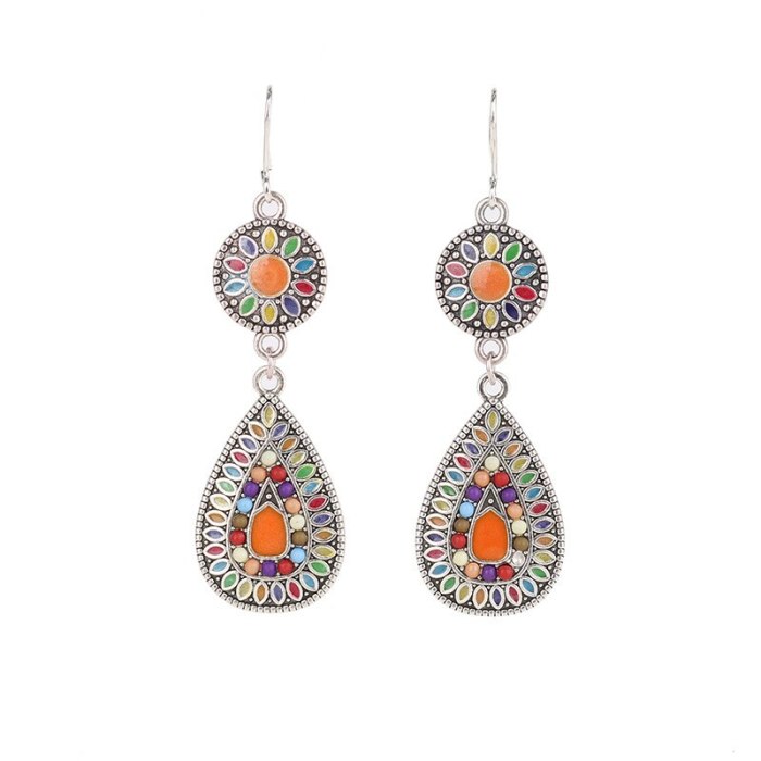 Wholesale Bohemian Ethnic Earrings Fashion Dripping Oil Drop-Shaped Alloy Pendant Earrings Popular Ornament