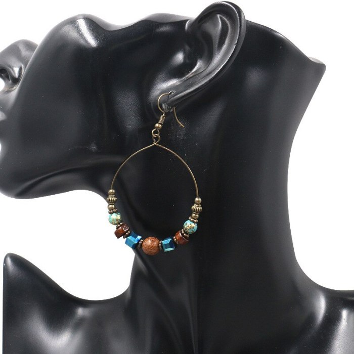 Hot Sale Big Hoop Earrings for Women European and American Stylish round Earrings Creative Wooden Bead Turquoise Accessories