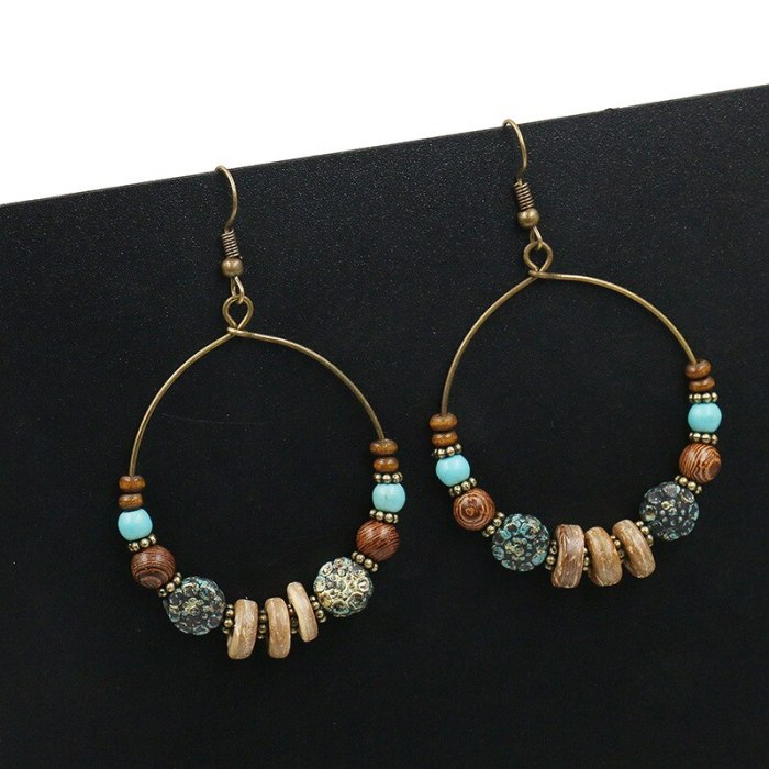 Hot Sale Big Hoop Earrings for Women European and American Stylish round Earrings Creative Wooden Bead Turquoise Accessories