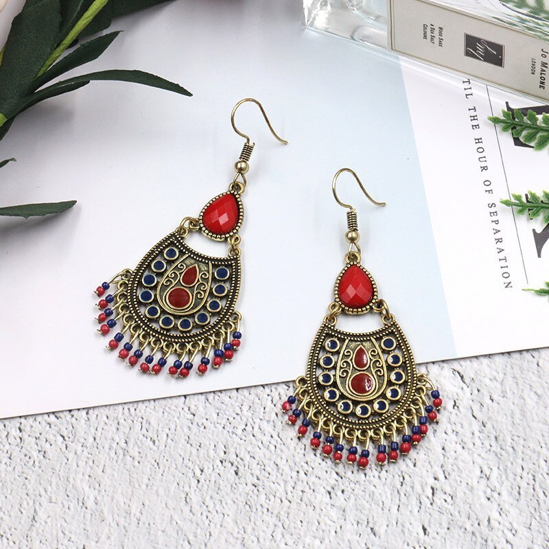 Bohemian Ethnic Earrings Stylish Water Drop Earrings Bead Accessories Long Tassel Earrings