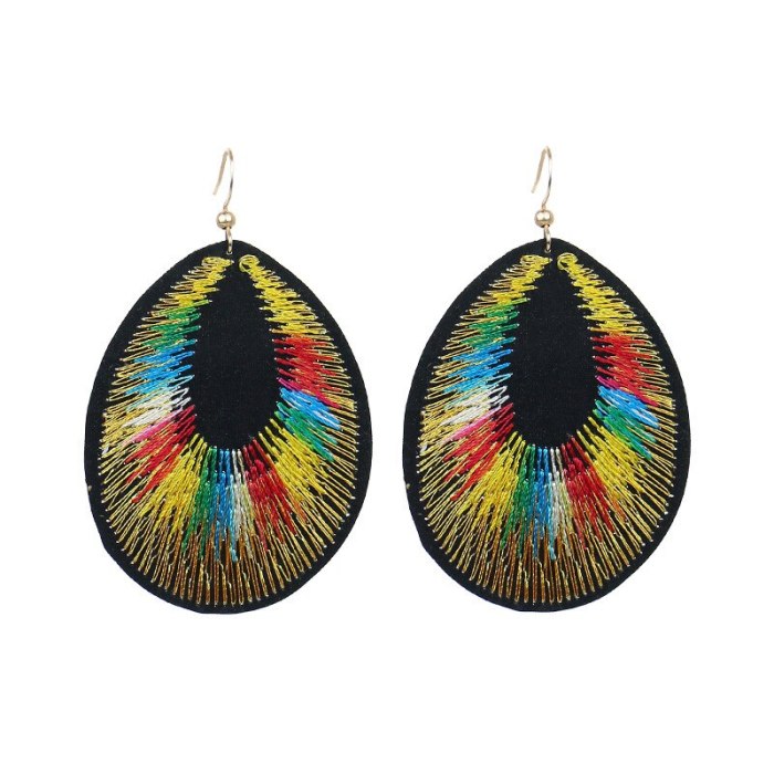 Cross-Border European and American Retro Ethnic Style Fabric Embossed Oval Gold Silk Peacock Feather Embroidery Tassel Earrings