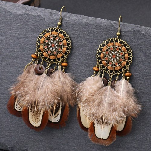 European and American New Feather Eardrops Earrings Stylish round Weaving Hollow Vintage Earrings Bohemian Creative Ornament