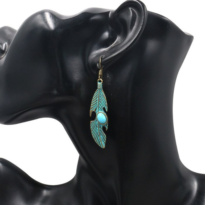 European and American Popular Long Alloy Eardrops Earrings Women's Retro Leaf Earrings Turquoise Accessories Trendy Jewelry