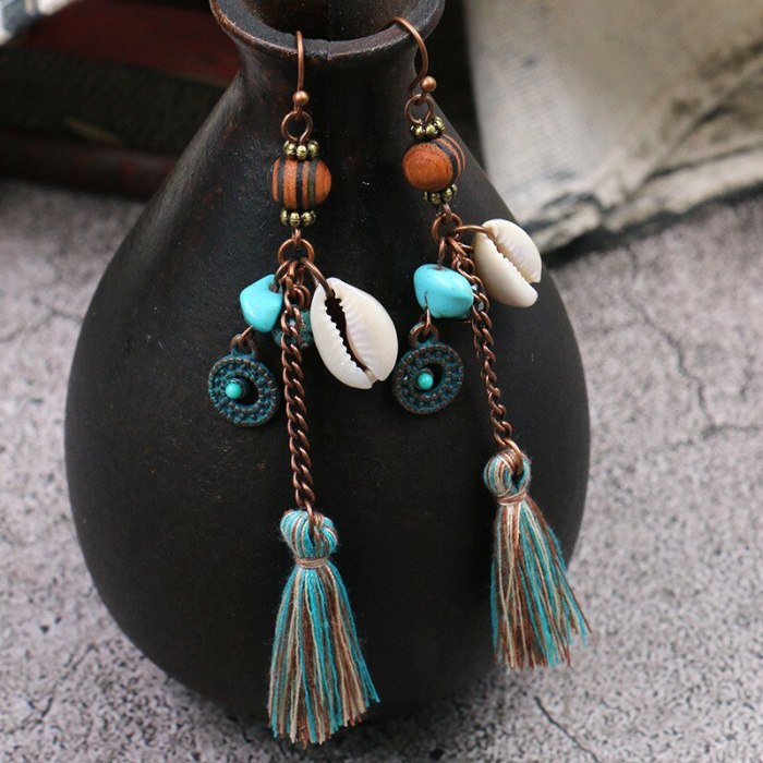 Long European and American Tassel Jewelry Wholesale Original Handmade Earrings Vintage Wooden Bead Shell Hanging Earrings