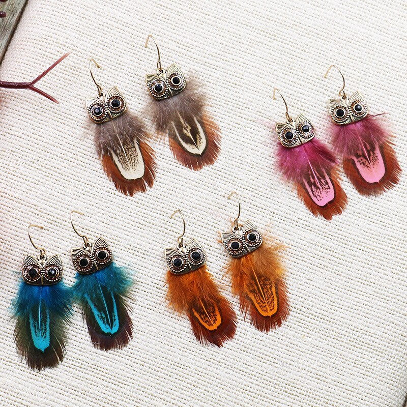 Personality Fashion European and American Style Popular Owl Earrings Feather Eardrop Jewelry Cross-Border Hot Sale Earrings