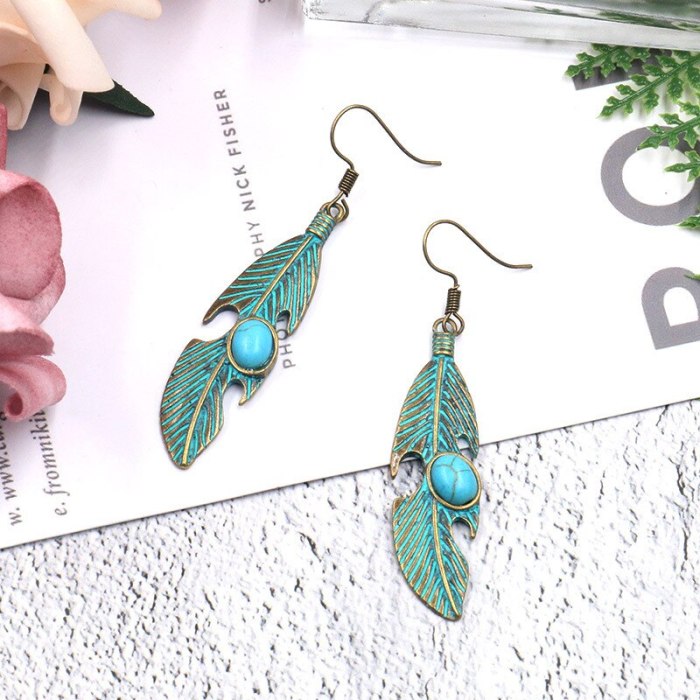 European and American Popular Long Alloy Eardrops Earrings Women's Retro Leaf Earrings Turquoise Accessories Trendy Jewelry