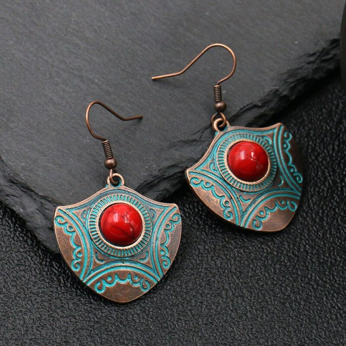 Europe and America Creative Earrings Fashion Retro Distressed Lines Metal Alloy Earrings Red and Green Turquoise Accessories