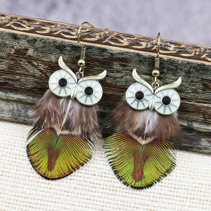 Cross-Border Hot Sale Owl Earrings Women's Popular Feather Earrings Long European and American Creative Ornament