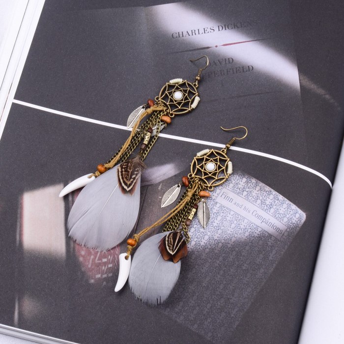 Bohemian Fashion Dreamcatcher Earrings Women's Long Feather Leaf Earrings European and American Exaggerated Earrings Ornament