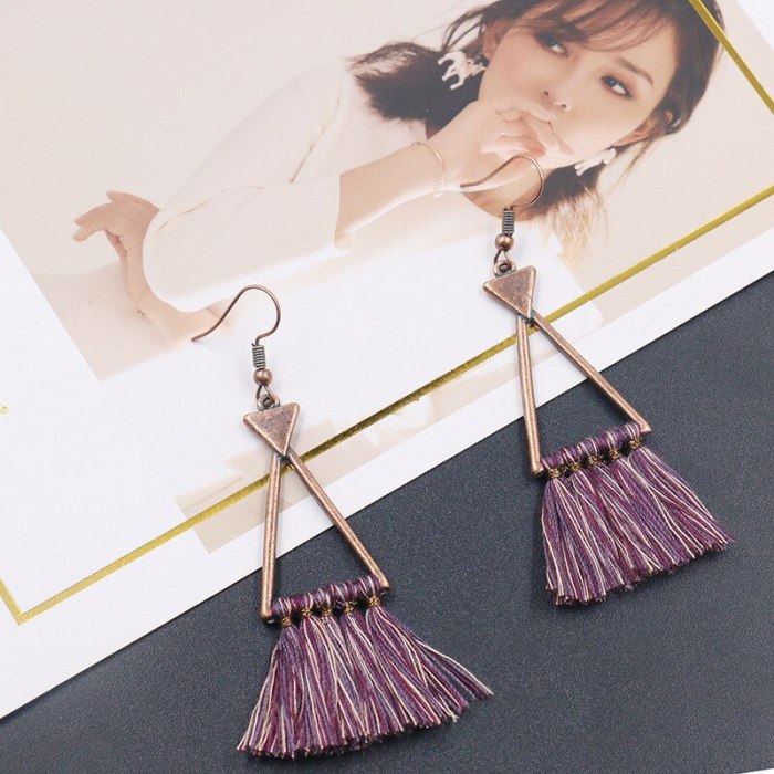 Cross-Border European and American New Triangle Alloy Earring Wool Tassel Pendant Long Earrings Jewelry Wholesale