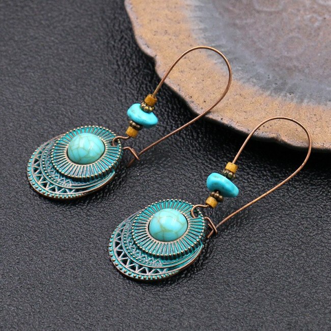 Cross-Border Hot Sale European and American Stylish round Metal Alloy Earrings Female Creative Big Ear Hook Turquoise Ear Rings