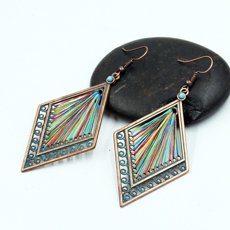 Creative Retro Hollow Diamond Alloy Earring Women's Colorful Woven Earrings European and American Popular Handmade Ornament