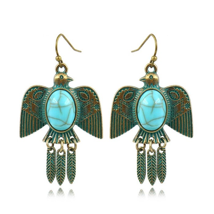 Cross-Border Vintage Earrings Long Flying Bird Eagle Leaves Turquoise Earrings Imitation Bronze Distressed Animal Shape Earrings