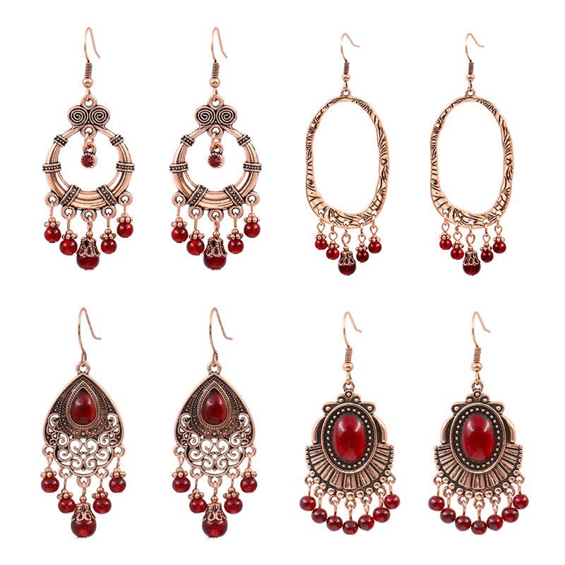 European and American New Retro Red Garnet Earrings Female Geometric Lucky Earrings Eardrops