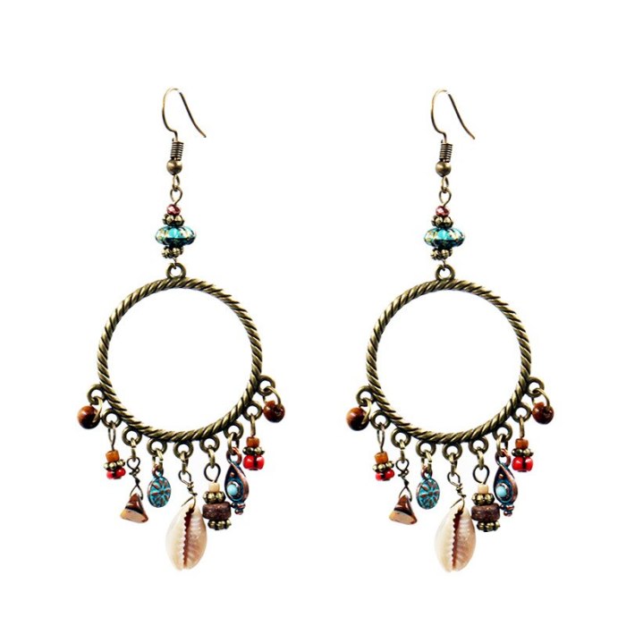 New Tassel Earrings Women's European and American Retro Large Circle Geometric Ring Earrings Shell Flower Turquoise Accessories