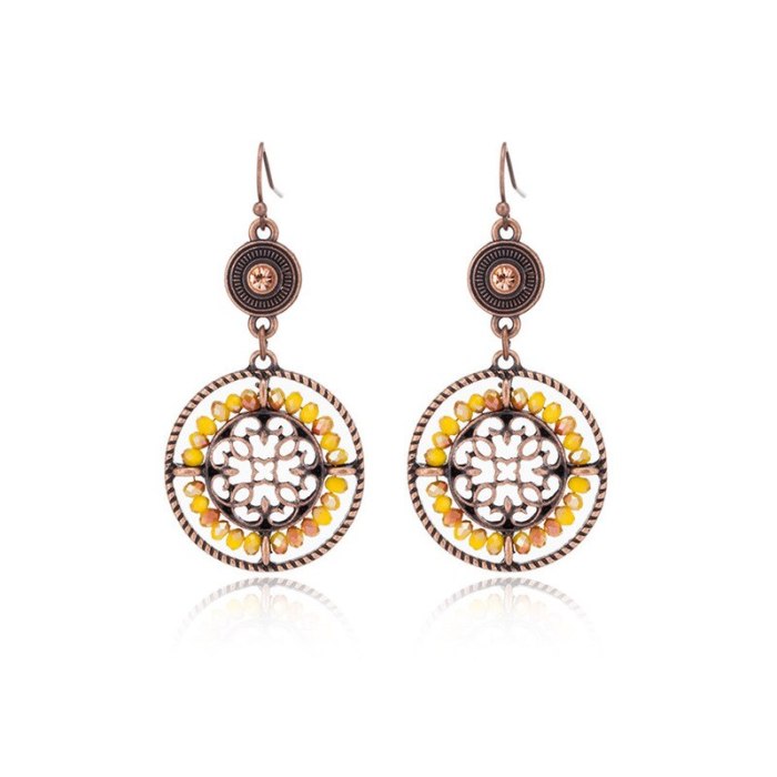 Fashion Yellow Crystal Bead Woven Earrings for Women European and American Popular Double Circle Flower Cutout Ear Rings