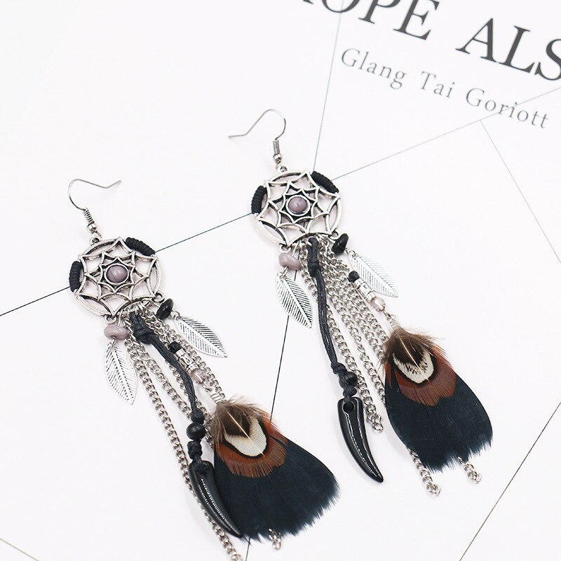 Bohemian Fashion Dreamcatcher Earrings Women's Long Feather Leaf Earrings European and American Exaggerated Earrings Ornament