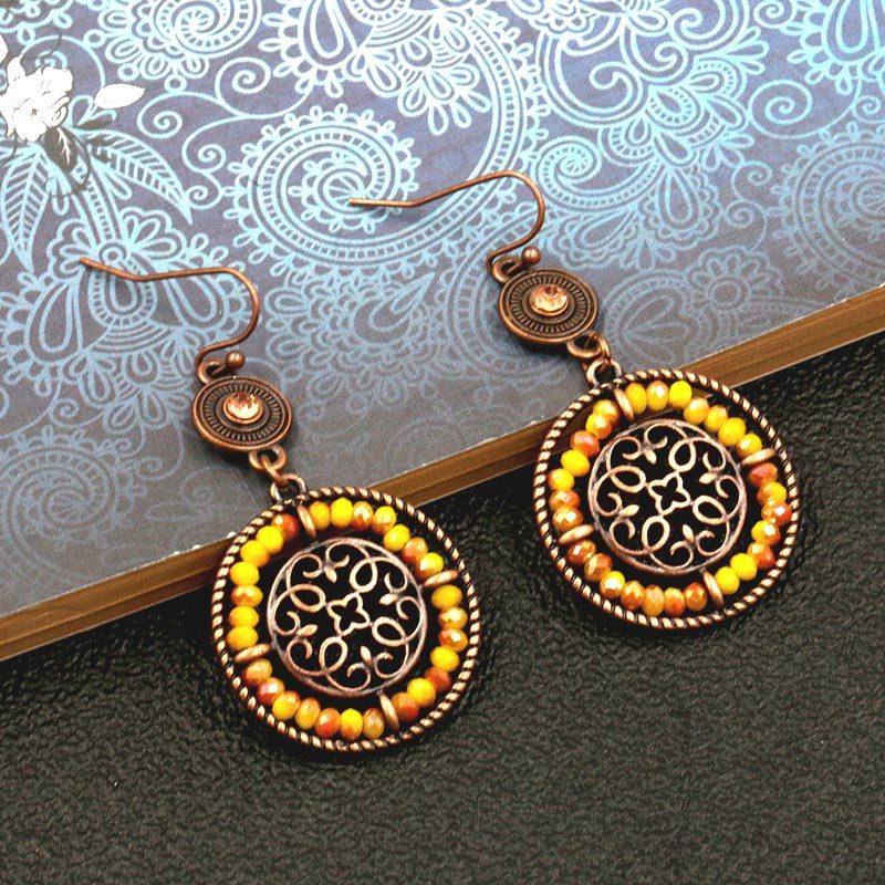 Fashion Yellow Crystal Bead Woven Earrings for Women European and American Popular Double Circle Flower Cutout Ear Rings