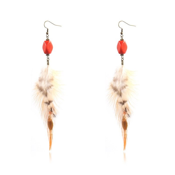 European and American Popular Ornament Bohemian Coffee Feather Long Earrings Women Turquoise Tassel Earrings Wholesale