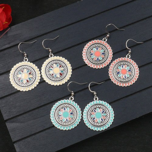 Personality European and American Style round Drop Oil Earrings Small Fresh Flower Earrings Ethnic Style All-Match Jewelry 0611
