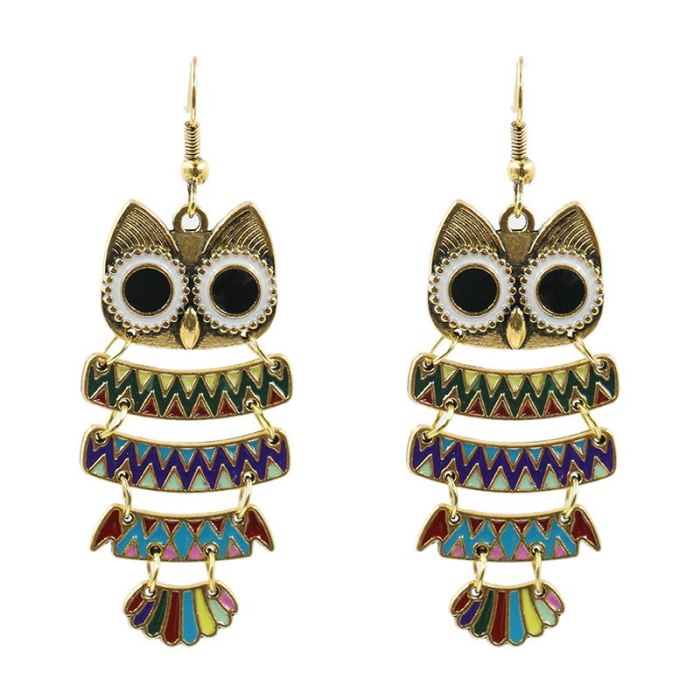 Cross-Border Sold Jewelry  European and American Popular Owl Earrings Women's  Dripping Oil Alloy Earring Personalized Jewelry