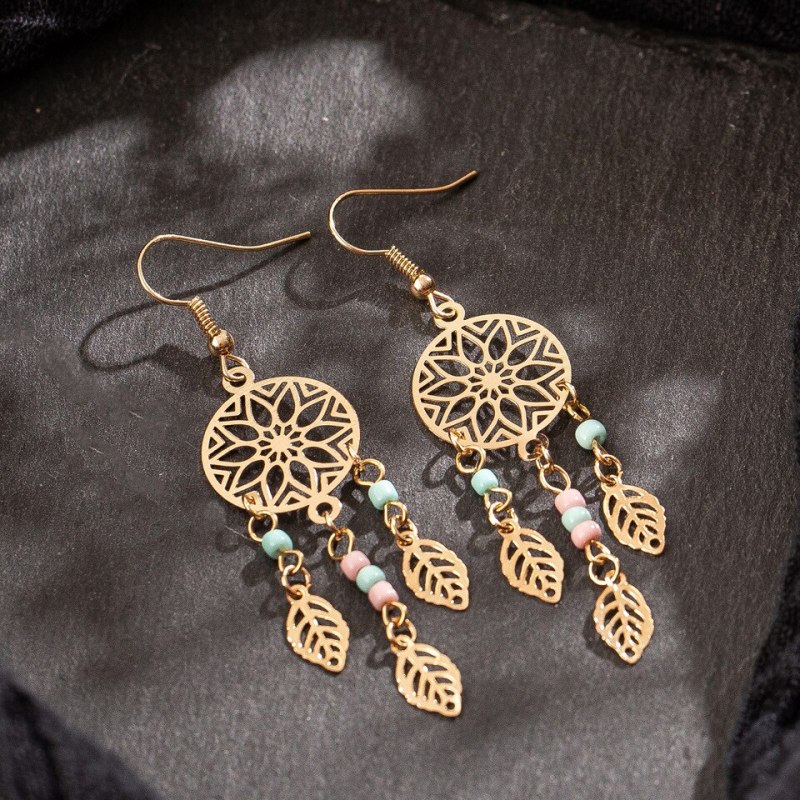 Europe and America Cross Border Fashion Popular Earrings Geometric round Hollow Leaf Alloy Pendant Pattern Earrings Earrings