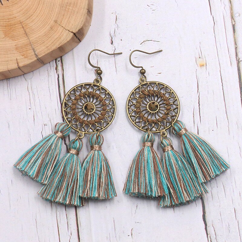 Bohemian Metal Alloy Earrings European and American Handmade Fan-Shaped Long Fringe Earrings Hollow Ornament Wholesale