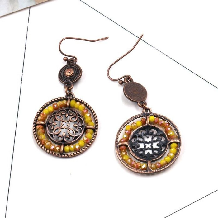 Fashion Yellow Crystal Bead Woven Earrings for Women European and American Popular Double Circle Flower Cutout Ear Rings