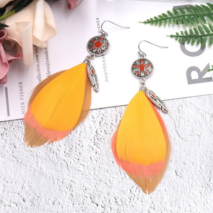 European and American Fashion Cool SUNFLOWER Dripping Oil Multi-Layer Feather Bohemian Tassel Earrings for Women Earrings