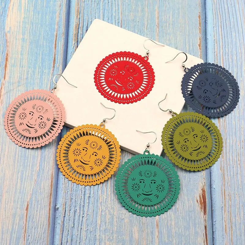 European and American Color Metal Alloy Earrings Female Smiley Flower round Geometric Candy Color Earrings Wholesale