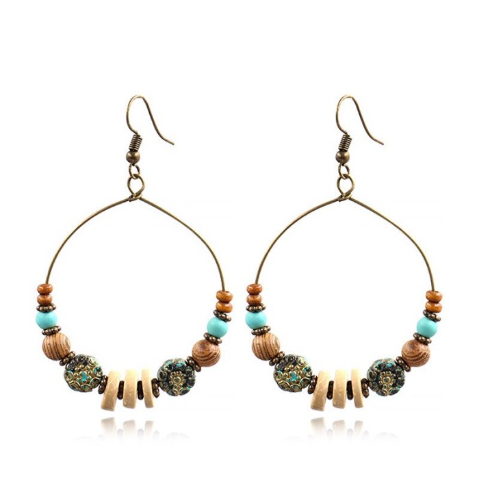 European and American Big Circle Earrings Women's Vintage Handmade Beaded Wooden Bead Shell Eardrops Bohemian Style Ear Rings