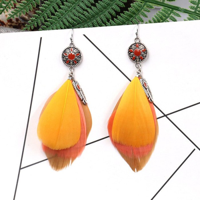 European and American Fashion Cool SUNFLOWER Dripping Oil Multi-Layer Feather Bohemian Tassel Earrings for Women Earrings