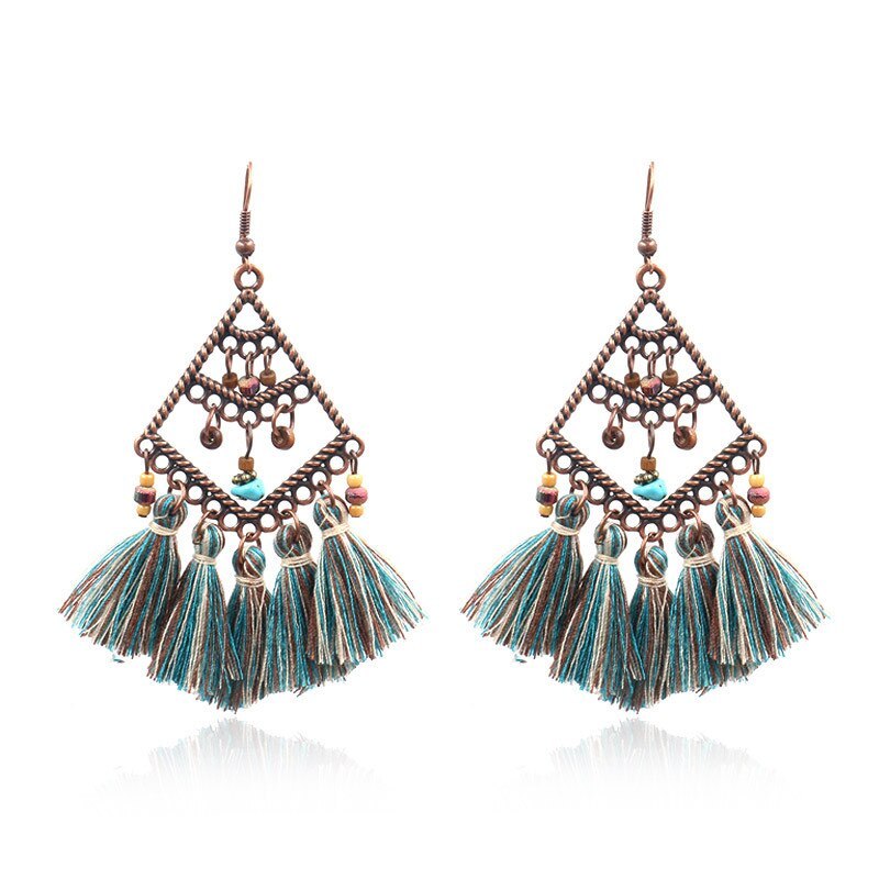 New Tassel Earrings Women's Bohemian Rhombus Alloy Long Earrings Multi-Layer Bead European and American Fashion Jewelry