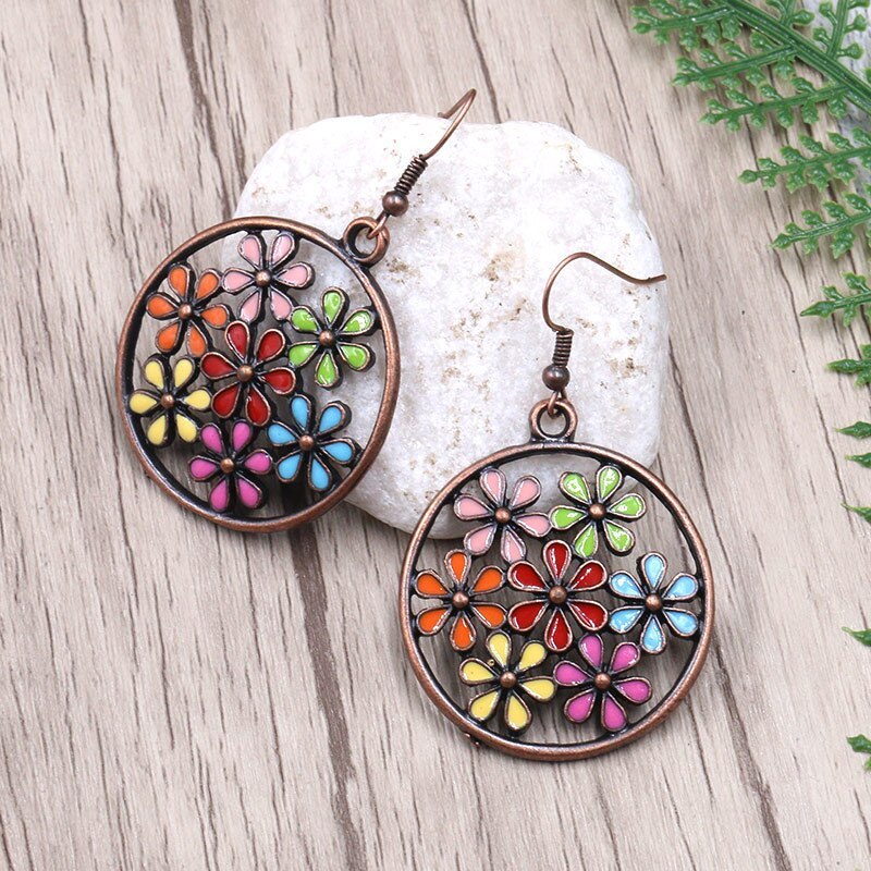 European and American Stylish round Hollow Alloy Earring Creative Flower Earrings Bohemian Women's Popular Ornament Wholesale