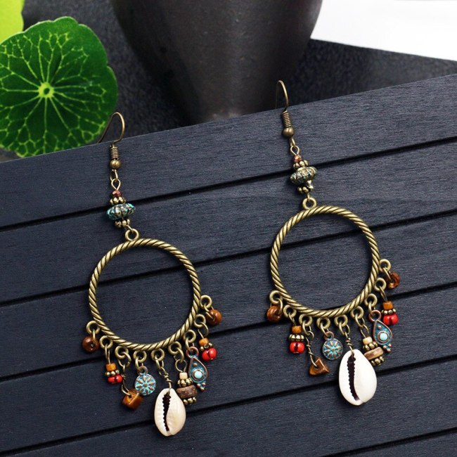 New Tassel Earrings Women's European and American Retro Large Circle Geometric Ring Earrings Shell Flower Turquoise Accessories