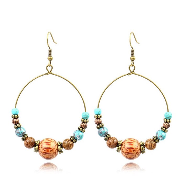 European and American Big Circle Earrings Women's Vintage Handmade Beaded Wooden Bead Shell Eardrops Bohemian Style Ear Rings