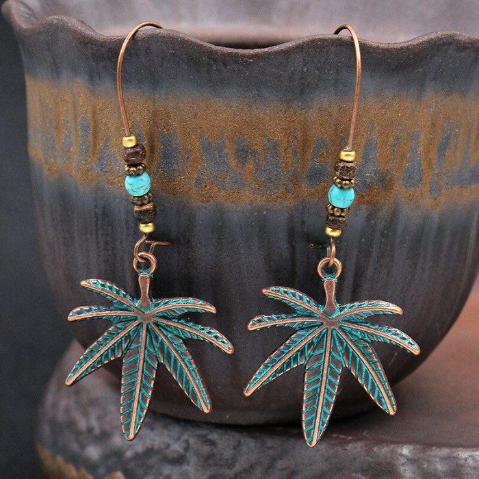 New European and American Fashion Large Earrings Ornament Wholesale Creative Leaf Alloy Eardrops Earrings Turquoise Accessories