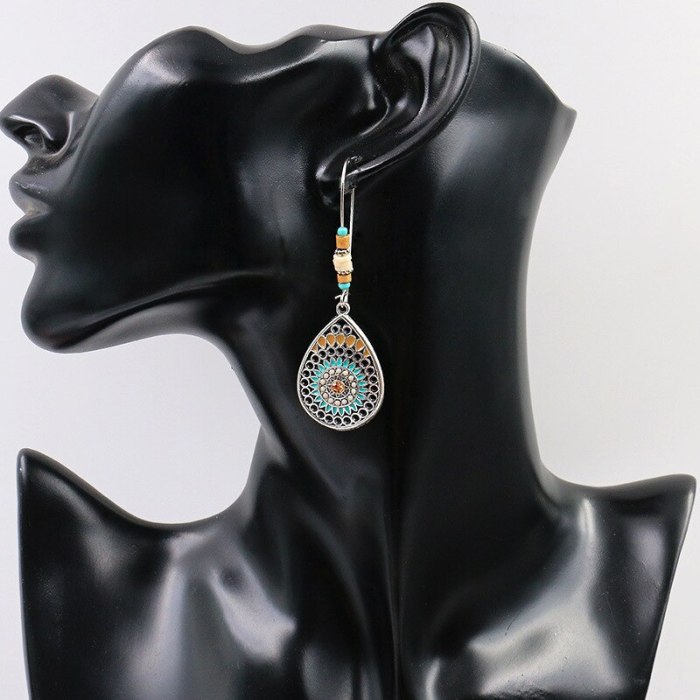 Bohemian Style European and American Water Drop Alloy Hollow Stud Earrings Women's Dripping Earrings Retro Personal Accessories