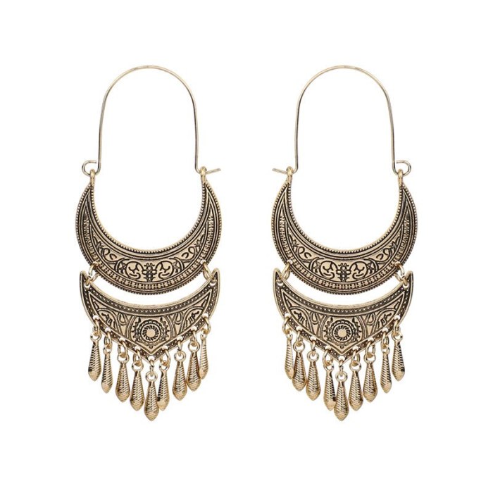 Europe and America Creative Vintage Ethnic Style Carved Pattern Exaggerated Alloy Crescent Tassel Earrings Women's Accessories