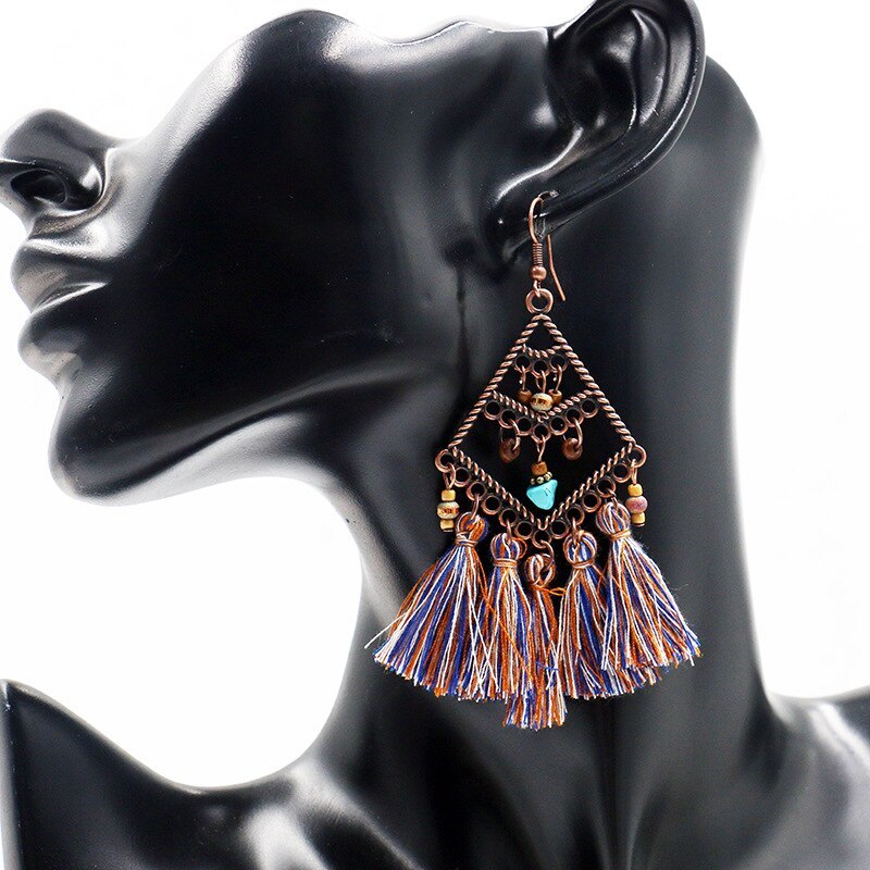 New Tassel Earrings Women's Bohemian Rhombus Alloy Long Earrings Multi-Layer Bead European and American Fashion Jewelry