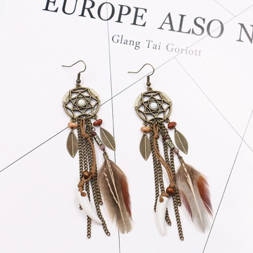 Bohemian Fashion Dreamcatcher Earrings Women's Long Feather Leaf Earrings European and American Exaggerated Earrings Ornament