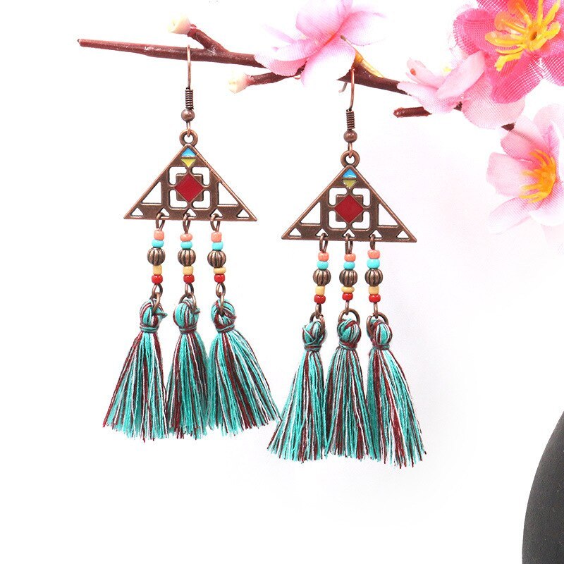 European and American Fashion Long Tassel Earrings Women's Fashion Bead Turquoise Accessories Hot Sale Exaggerated Jewelry
