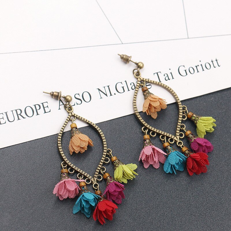 Wholesale New Creative Flower Earrings Female Hot Sale in Europe and America Geometric Chiffon Pendant Tassel Earrings