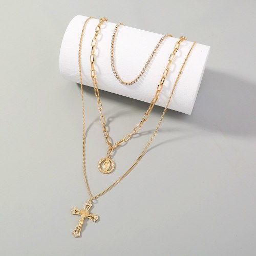 European Popular Necklace Ornament Retro Luxury Grab Chain Diamond Cross Multi-Layer Necklace round Brand Character Necklace