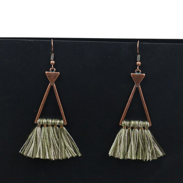 Cross-Border European and American New Triangle Alloy Earring Wool Tassel Pendant Long Earrings Jewelry Wholesale